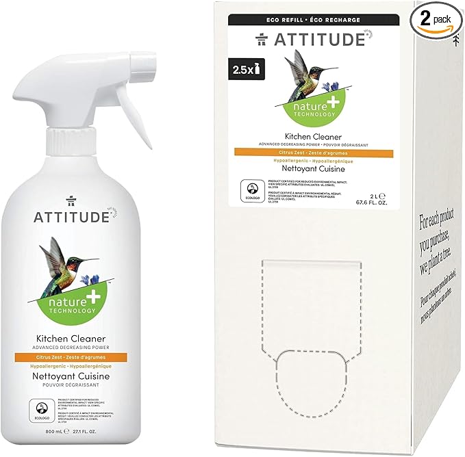 Bundle of ATTITUDE Kitchen All Purpose Cleaner, Multi-Surface Cleaner, Plant & Mineral-based Formula, Citrus Zest, 27.1 fl oz + Bulk Refill, 67.7 Fl Oz