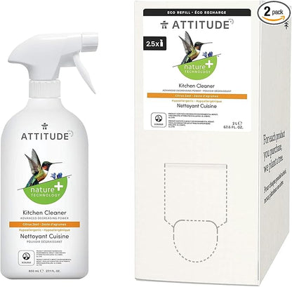 Bundle of ATTITUDE Kitchen All Purpose Cleaner, Multi-Surface Cleaner, Plant & Mineral-based Formula, Citrus Zest, 27.1 fl oz + Bulk Refill, 67.7 Fl Oz