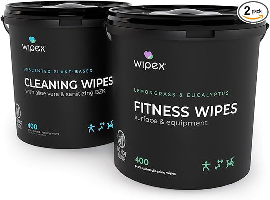 Wipex Gym Wipes for Equipment Bundle - Get 2 Buckets (1) Lemongrass & (1) Sanitizing BZK Plant-Based Fitness Equipment Wipes, Clean Surfaces & Mats, Safe Peloton Bike Cleaner, 400 Ct (Pack of 2)