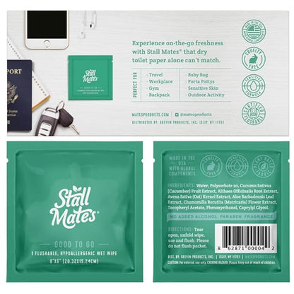 Stall Mates Wipes - Flushable Wipes | Individually Wrapped | Travel Friendly | Unscented with Vitamin-E & Aloe | 15 Boxes of 30 on-the-go singles | 450 wipes total