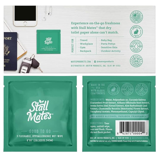 Stall Mates Wipes - Flushable Wipes | Individually Wrapped | Travel Friendly | Unscented with Vitamin-E & Aloe | 15 Boxes of 30 on-the-go singles | 450 wipes total