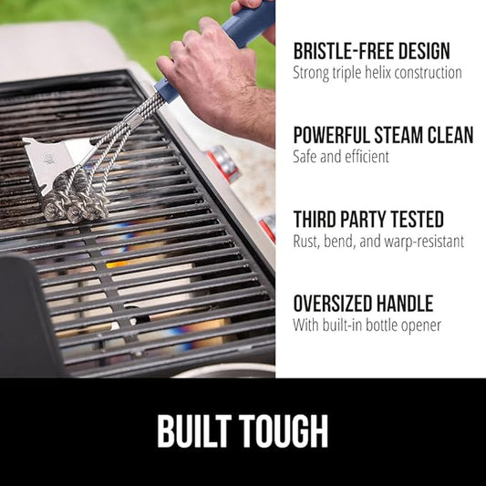 GORILLA GRIP Heavy Duty No Bristle Triple Helix Grill Brush with Scraper for Outdoor Grills, Safe Steam Cleaning, Oversized Comfortable Handle Grip with Bottle Opener, BBQ Tools, 17.5 Inch, Navy