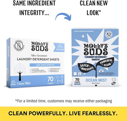 Molly’s Suds Laundry Detergent Sheets | Gentle on Sensitive Skin, Powerful Bio-Based Enzymes, Stain-Fighting | Liquidless & Plastic-Free Packaging | 70 Loads (Ocean Mist)