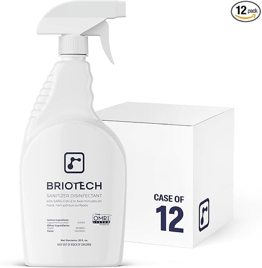 BRIOTECH Sanitizer Disinfectant Hypochlorous Spray, Kills 99.99% of Viruses & Bacteria, Eliminate Odor, Gentle for Nurseries & Play Rooms, Food Contact Surface Sanitizer, 32 fl oz ea, 12 ct