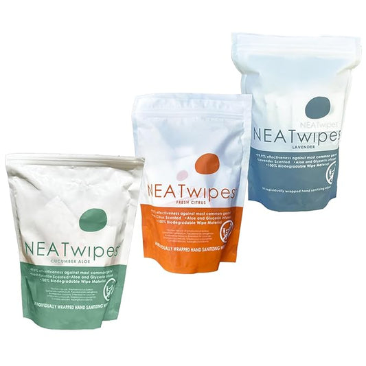 NEATwipes Hand Sanitizing Wipes | Travel Essentials | Disposable Wet Wipe & Planet Friendly | (24) Fresh Citrus (24) Lavender & (24) Cucumber Scented Wipes | 3 Pouches of 24 Individually Wrapped Wipes