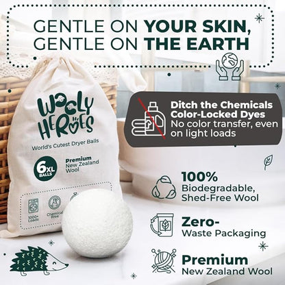No More Dryer Sheets - Wool Dryer Balls - XL 6-Pack - Eco Dryer Balls - Dryer Balls Laundry Reusable - Softens Laundry Naturally - Reduces Drying Time & Static - with Storage Bag