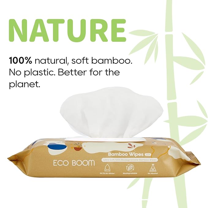ECO BOOM Bamboo Viscose Wipes - Biodegradable, Fragrance-Free, Gentle Cleaning