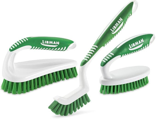 Libman Scrub Brush Kit – Three Different Durable Brushes for Grout, Tile, Bathroom, Kitchen. Easy to Handle, Strong Fibers for Tough Messes – Family Made in the USA, Unisex Lot 2406