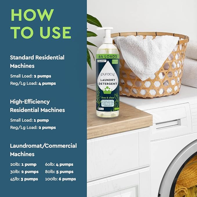 Puracy Laundry Detergent - Enzyme-Powered Liquid Laundry Detergent Concentrate, Natural Laundry Detergent Seen on TikTok, Non-Toxic (Free & Clear, and Fresh Linen, 16 fl oz, 2-Pack, 128 Loads)