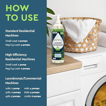 Puracy Laundry Detergent - Enzyme-Powered Liquid Laundry Detergent Concentrate, Natural Laundry Detergent Seen on TikTok, Non-Toxic (Free & Clear, and Fresh Linen, 16 fl oz, 2-Pack, 128 Loads)