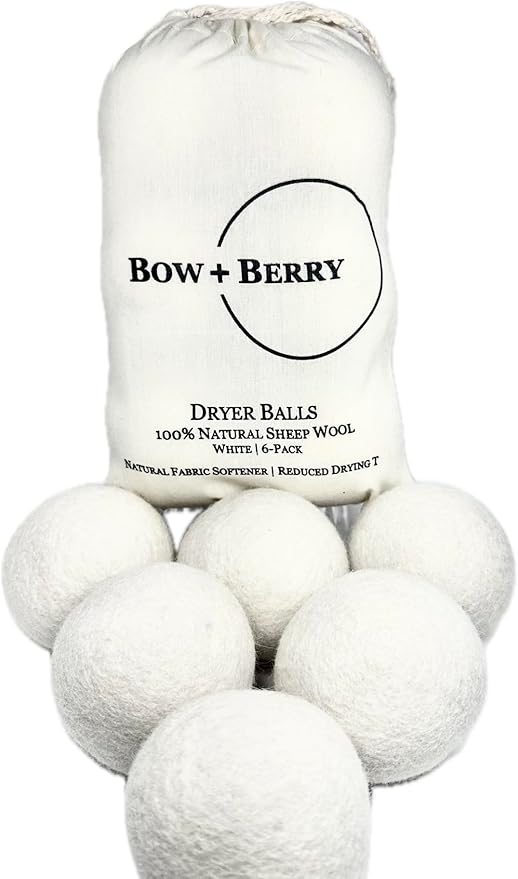 Bow+Berry XL Premium Natural Sheep Wool Dryer Balls - 6-Pack - Chemical-Free - Replace Liquid Fabric Softener and Dryer Sheets - Wool Balls for Dryer - Laundry Balls for Dryer