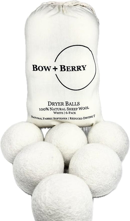 Bow+Berry XL Premium Natural Sheep Wool Dryer Balls - 6-Pack - Chemical-Free - Replace Liquid Fabric Softener and Dryer Sheets - Wool Balls for Dryer - Laundry Balls for Dryer