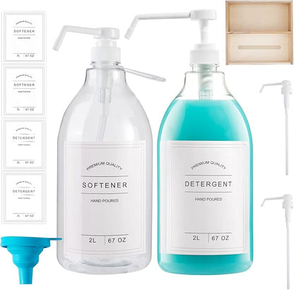 Liquid Laundry Detergent Dispenser for Laundry Room, 70.5oz Laundry Detergent Storage Container, Laundry Dispenser for Liquid Detergent, Includes Pumps, Labels and Wooden Organizer Box,2 Pack