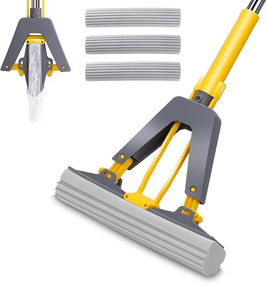 Sponge Mop with Self-Squeeze Feature, Stainless Steel Handle, 3 PVA Absorbent Mop Head Refills, Ideal for Home & Commercial Use on Tile, Floor, Bathroom & Garage