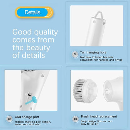 Cordless Electric Spin Cleaning Power Scrubber with 5 Replaceable Brush Heads，Handheld Shower Scrubber for Bathtub, Floor, Wall, Tile, Toilet, Window, Sink (White)