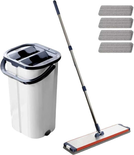 Mop Bucket with Wringer, Ultra-Fine Fiber Stainless Steel Flat Mop Bucket Set, Reusable Ultra-Fine Fiber Mop Pad, Suitable for Floor, Wall, Glass Multi-Purpose Cleaning