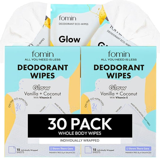 FOMIN Travel Deodorant Wipes - 30 Count - Coconut and Vanilla pH Balanced, Hypoallergenic Mini Deodorant Wipes For Women and Men - Plastic-Free, Individually Wrapped Underarm & Body Wipes