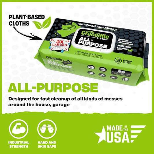 Crocodile Cloth Multi-Purpose Household Cleaning Wipes - The Stronger Easier Way to Clean Grease, Dirt, Dust, Grime, & Glue from Hands, Tables, and More - 80 Oversized Wipes - 8 PK Case