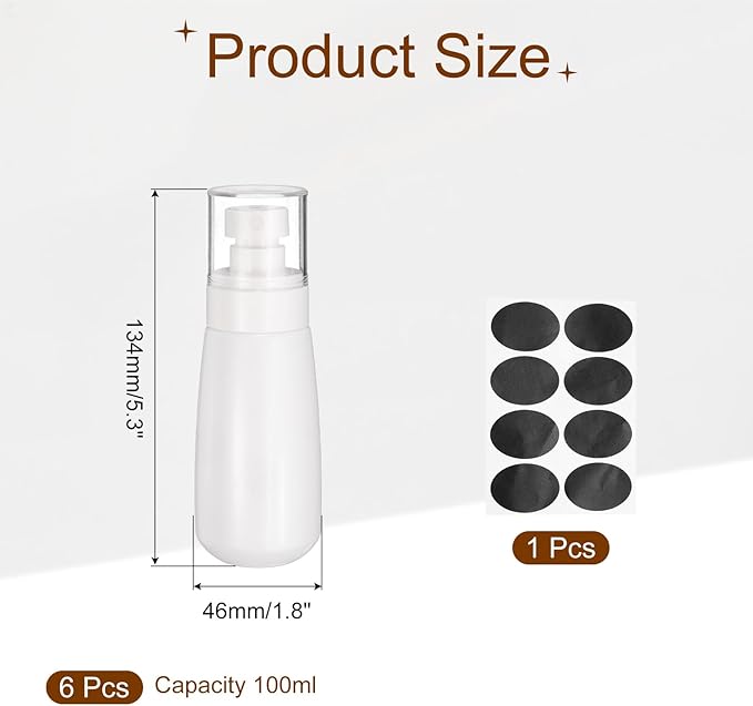 uxcell 6Pcs Small Spray Bottles, 100ml/3.4 oz Travel Size Spray Bottle Fine Mist Empty Refillable Travel Containers with Labels for Perfume Cosmetic Essential Oil (White/Clear)