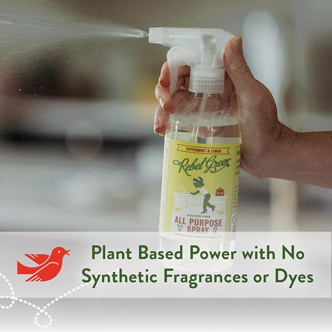 Rebel Green Natural All-Purpose Cleaning Spray - Essential Oil Multi-Surface Cleaner - Kid Safe, Pet Safe & Sustainable Cleaning Products - Peppermint & Lemon Scent - (16 Ounce Bottles, 1 Pack)
