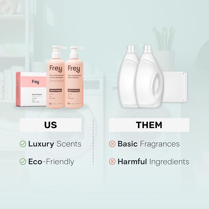 Frey Complete Laundry Package | Jasmine Meadow Scent | Detergent, Fabric Softener & Dryer Sheets | Nature’s Luxury