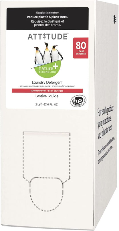 ATTITUDE Liquid Laundry Detergent, EWG Verified Laundry Soap, HE Compatible, Vegan and Plant Based Products, Cruelty-Free, Summer Berries, Bulk Refill, 80 Loads, 67.6 Fl Oz