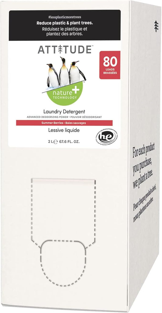 ATTITUDE Liquid Laundry Detergent, EWG Verified Laundry Soap, HE Compatible, Vegan and Plant Based Products, Cruelty-Free, Summer Berries, Bulk Refill, 80 Loads, 67.6 Fl Oz