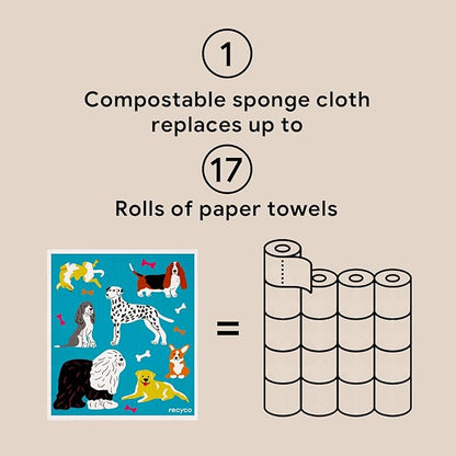 RECYCO Swedish Dishcloths for Kitchen | 6 Pack Doggy Daydreams Washable Dish Rags | Cellulose Reusable Cleaning Paper Towels | Absorbent Counter Dish Cloth Sponge Kitchen Wipes, 8" L x 7" W