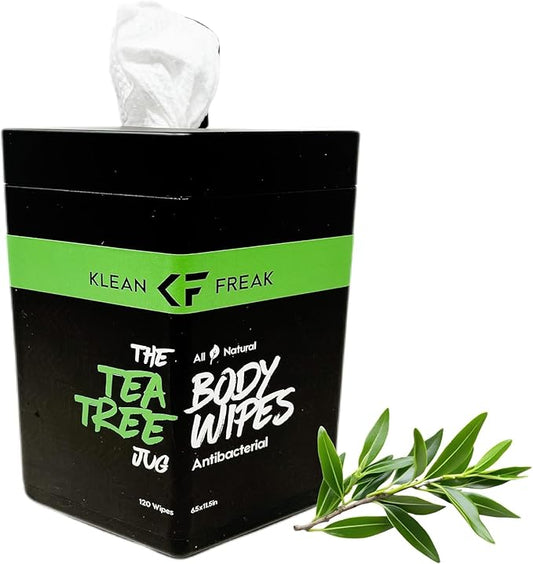 Body Wipes - for Face and Body, No Water, Wipe Away Sweat and Odor, Large Textured, Travel, Gym, Camping and More, 120 Cnt Jug (Tea Tree)