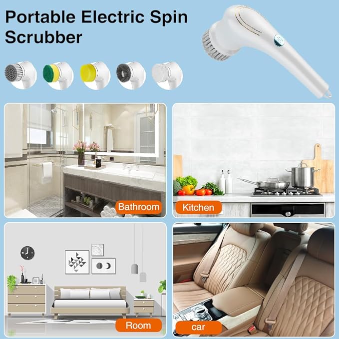 OBEST Electric Spin Scrubber,Cordless Electric Shower Scrubber with 5 Replaceable Shower Cleaning Brush Heads,Rechargeable for Cleaning Tub,Tile,Floor,Sink,Window,Stove (White)