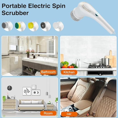 OBEST Electric Spin Scrubber,Cordless Electric Shower Scrubber with 5 Replaceable Shower Cleaning Brush Heads,Rechargeable for Cleaning Tub,Tile,Floor,Sink,Window,Stove (White)