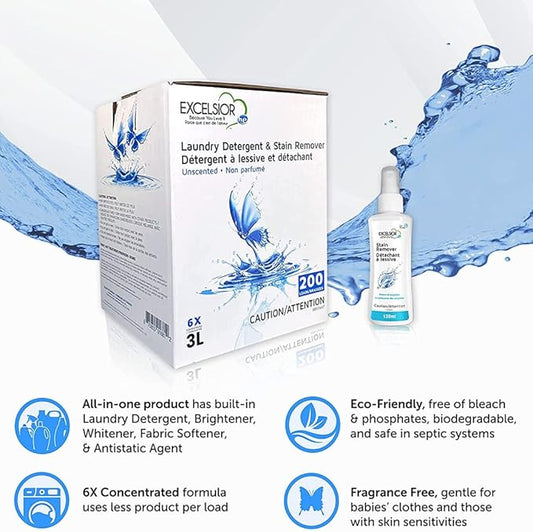 Excelsior - Laundry Detergent with Eco Bottle- Concentrated Liquid - Unscented - Eco-Friendly - Biodegradable, Solvent, and Phosphate Free - for Standard and High-Efficiency Washers - 3 Liter