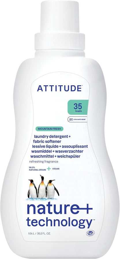 ATTITUDE 2-in-1 Laundry Detergent and Fabric Softener, Plant and Mineral-Based Ingredients, HE, Vegan and Cruelty-Free Household Products, Mountain Essentials, 35 Loads, 35.5 Fl Oz