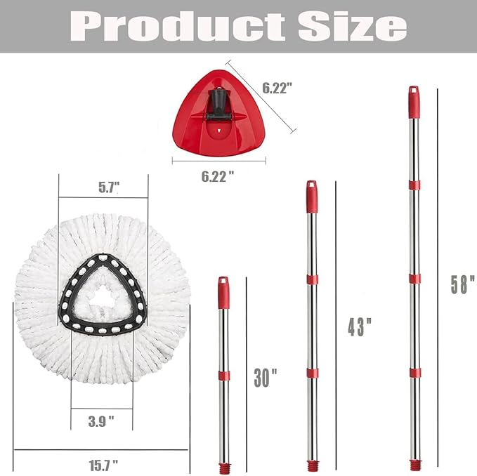 Spin Mop Head, Base, Handle Replacement for O-Ceda EasyWring Microfiber Spin Mop, 2 Microfiber Mop Refills, 1 Triangle Mops Head Cover and 30-58in Mop Handle Set Combo (White(1 Tank System))