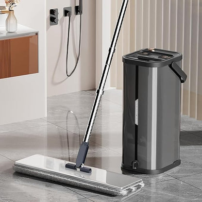 Black Flat Mop and Bucket for Home with 4 Extra Refills, Stainless Steel Mop and Bucket with Wringer, Hands-Free Mop, Wet and Dry Use Mop with Long Handle