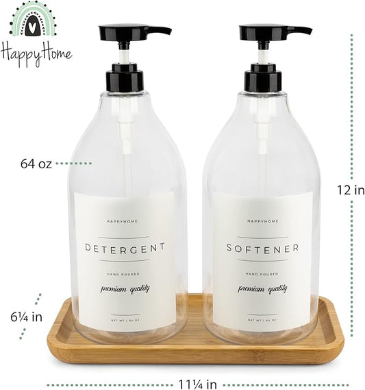 Laundry Detergent Dispenser - Fabric Softener Liquid Dispenser for Laundry Room - 64oz Plastic Soap Dispenser, Waterproof Labels, Collapsible Funnel, Extra Labels, Measuring Cup&Bamboo Tray - Set of 2