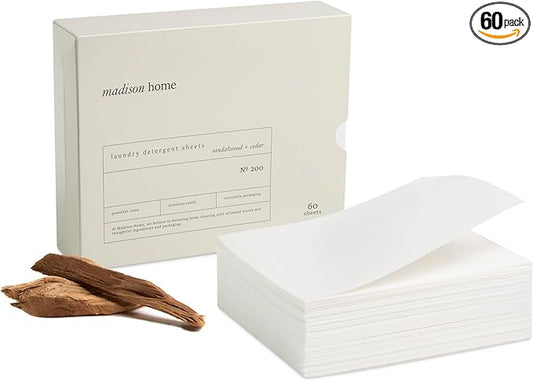 Madison Home Laundry Detergent Sheets, Hypoallergenic with Stain Fighting Special Bio-Enzymes, Home & Travel Laundry Detergent Sheets, Plastic Free Packaging, Sandalwood and Cedar, 60 sheets