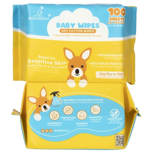 BabbleRoo Dry Wipes for Baby - 100% Plant-Based Cotton Wipes, Hypoallergenic, Fragrance-Free, Chemical-Free, Gentle for Sensitive Skin, Use Wet or Dry for Diaper Changes and Cleanups– 200 Wipes