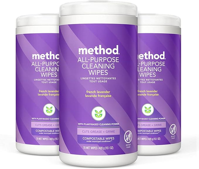 Method All-Purpose Cleaning Wipes, French Lavender, Multi-Surface, Compostable, 70 Count, (Pack of 3)