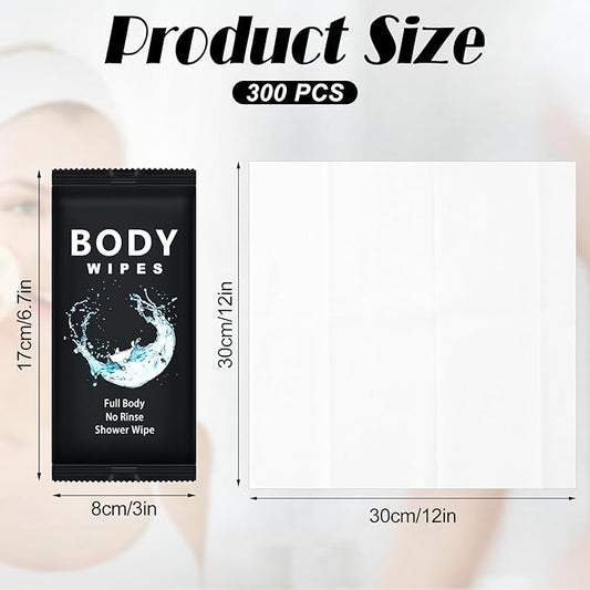 Treela 300 Pcs Bulk Large Body Wipes Individually Wrapped Big Bath Wipes for Adults Bathing No Rinse Shower Bulk Deodorant for Homeless Hygiene Personal Cleansing for Travel Gym(12" X 12'',Black)