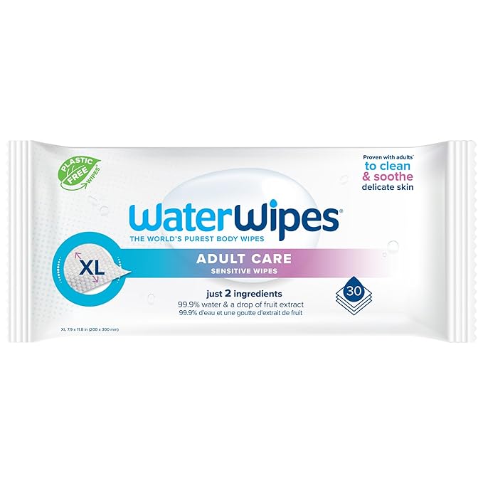 WaterWipes Adult Care Sensitive Body & Intimate Hygiene Wipes, 30 Wipes (1 Pack), Extra Large Textured, 99.9% Water-Based, For Everyday Personal Uses