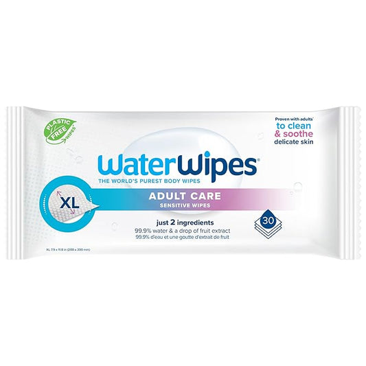 WaterWipes Adult Care Sensitive Body & Intimate Hygiene Wipes, 30 Wipes (1 Pack), Extra Large Textured, 99.9% Water-Based, For Everyday Personal Uses