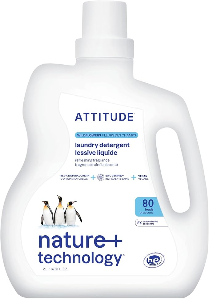 ATTITUDE Liquid Laundry Detergent, EWG Verified Laundry Soap, HE Compatible, Vegan and Plant Based Products, Cruelty-Free, Wildflowers, 80 Loads, 67.6 Fl Oz