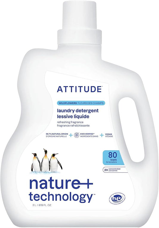 ATTITUDE Liquid Laundry Detergent, EWG Verified Laundry Soap, HE Compatible, Vegan and Plant Based Products, Cruelty-Free, Wildflowers, 80 Loads, 67.6 Fl Oz