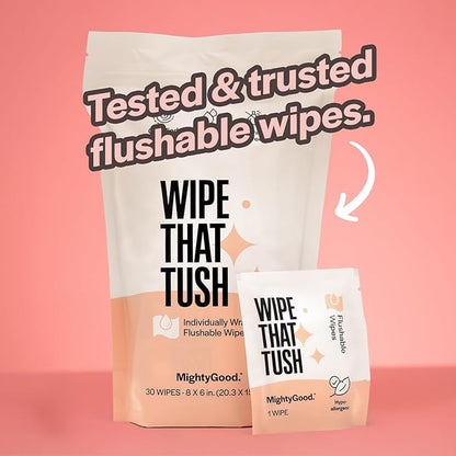 Wipe That Tush On-The-Go Flushable Wet Wipes - 4 Pack, 120 Wipes - Individually Wrapped Extra-Large Wipes with Aloe - Hypoallergenic & Unscented - Septic and Sewer Safe