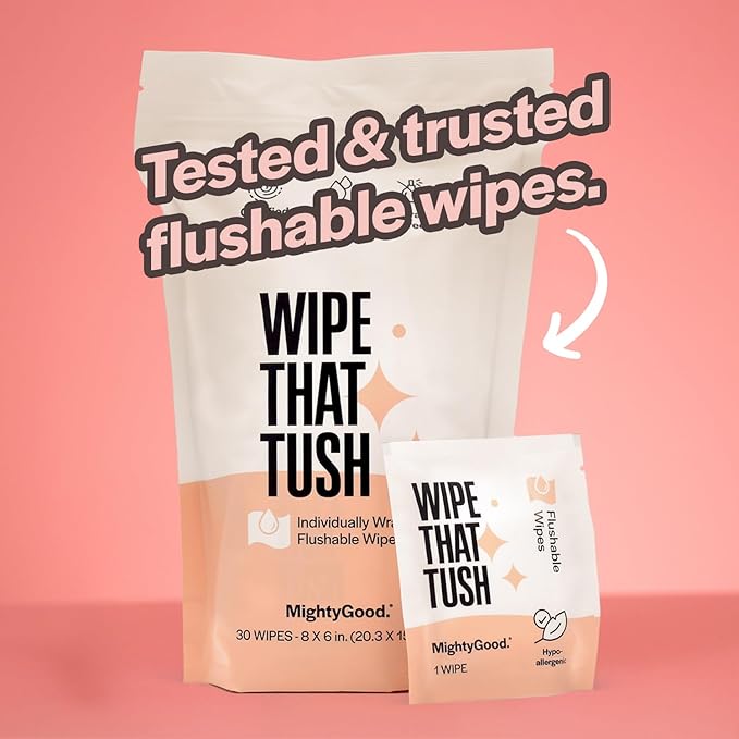Wipe That Tush On-The-Go Flushable Wet Wipes - 1 Pack, 30 Wipes - Individually Wrapped Extra-Large Wipes with Aloe - Hypoallergenic & Unscented - Septic and Sewer Safe