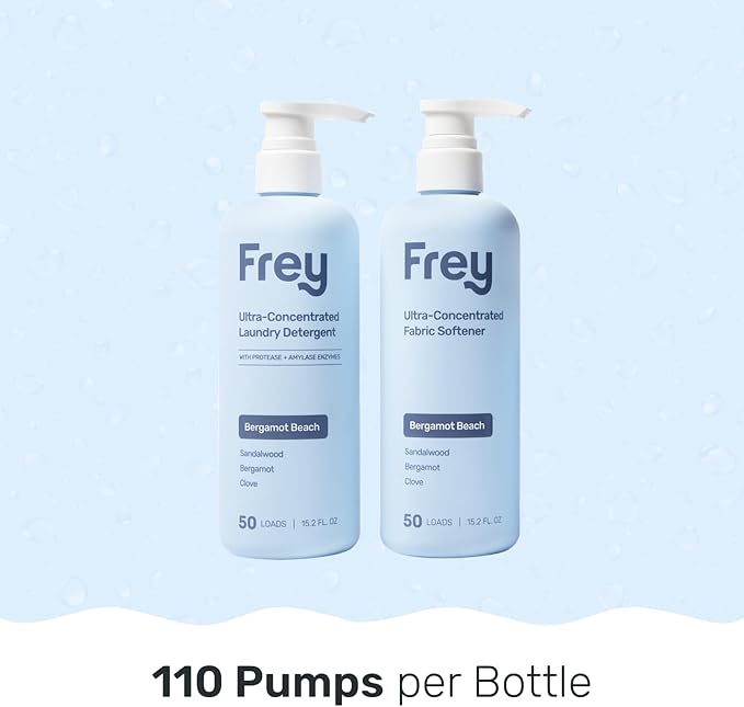 FREY Laundry Care Bundle: Concentrated Natural Laundry Detergent + Fabric Softener, Sandalwood, Bergamot, and Clove Scent, HE-Compatible