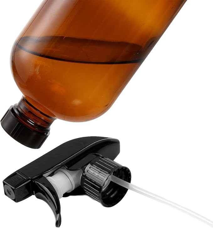 Empty Glass Spray Bottles 16oz for Cleaning, Plants, Pets, Essential Oils, Air Freshener, Durable Black Trigger Sprayer with Stream and Mist Settings (Amber, 16oz(Pack of 4))