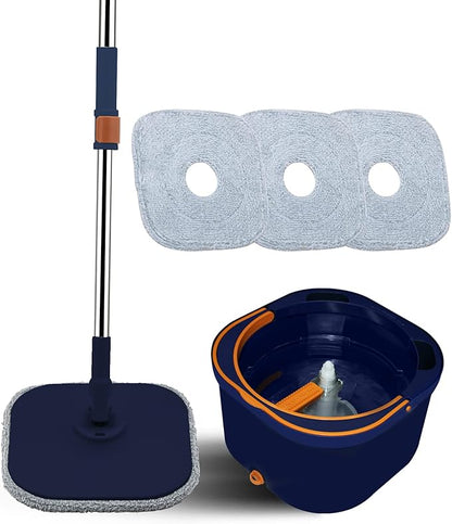 MOLACHI Flat Floor Mop and Bucket System Set with Wringer, Self Wringing Microfiber Spin Mops Bucket for Hardwood, Laminate, Tile, Floor Cleaning, Separate Dirty Water, Wet and Dry Use, Navy Blue