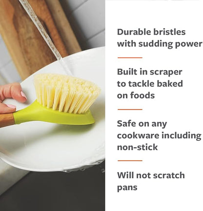 Full Circle Be Good Kitchen Dish Brush with Bamboo Handle – Long Handle Dish Scrubber with Tough Bristles, Green (Pack of 2)